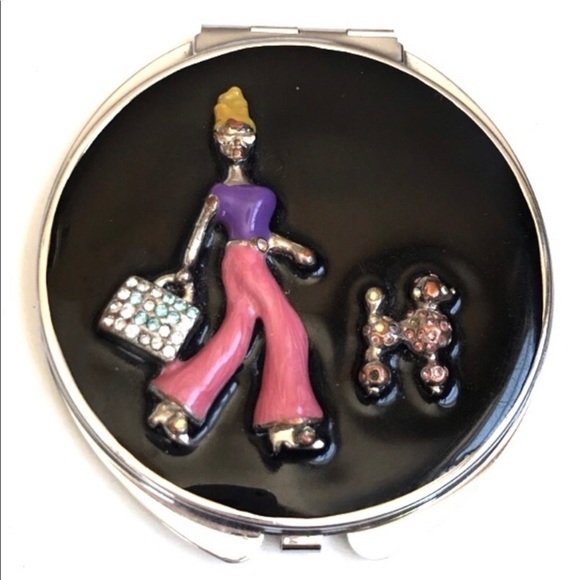 Vintage Other - VINTAGE COMPACT CRYSTALS POODLE WOMAN CARRYING PURSE DOUBLE SIDED MIRROR